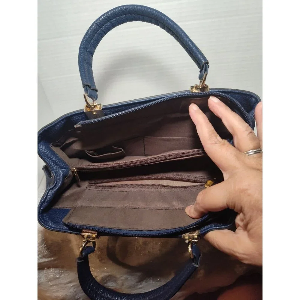 Danbaoly Women's Navy Tote Handbag‎ Faux Leather Gold hardware Brown lining